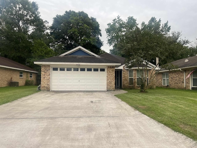 ranch-style home with a front lawn, central AC unit, driveway, and brick siding