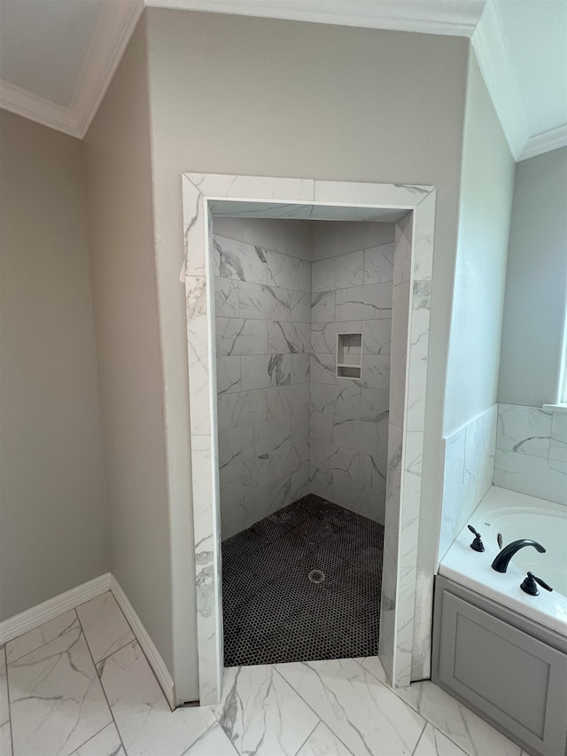 full bathroom featuring baseboards, marble finish floor, a bath, a stall shower, and crown molding