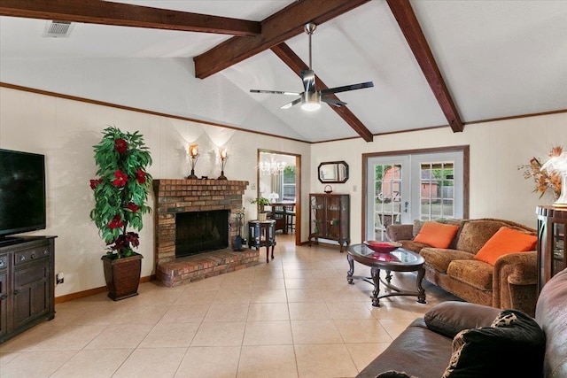 tiled living room featuring ceiling fan, french doors, lofted ceiling with beams, and a brick fireplace