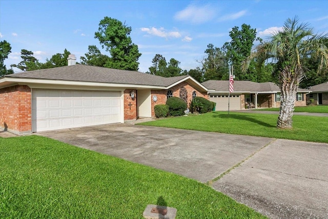 single story home featuring a front yard and a garage