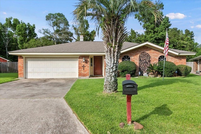 ranch-style home with a front lawn and a garage