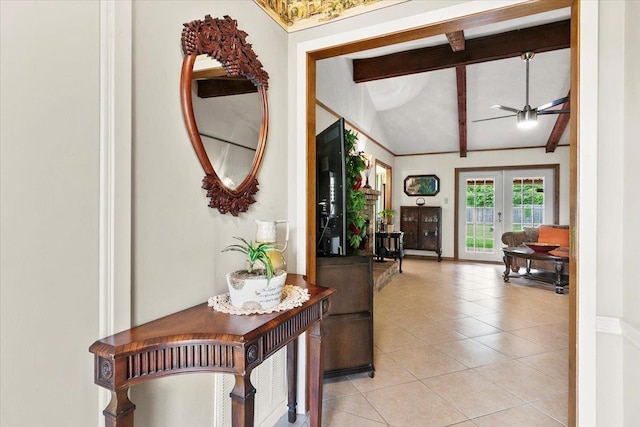 hall featuring french doors, lofted ceiling with beams, and light tile patterned floors