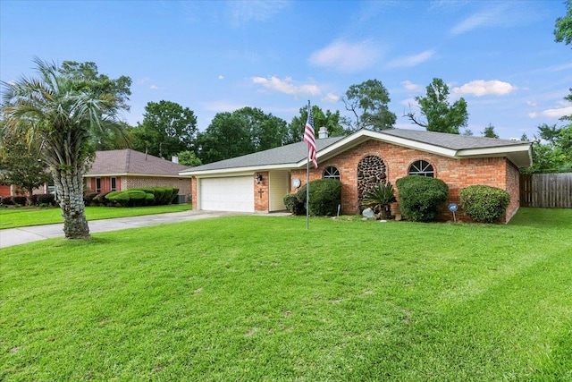 ranch-style house with a front yard and a garage