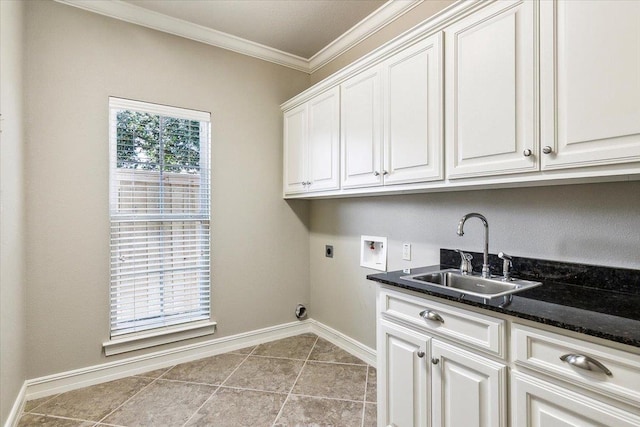 laundry area with hookup for a washing machine, cabinet space, ornamental molding, a sink, and electric dryer hookup