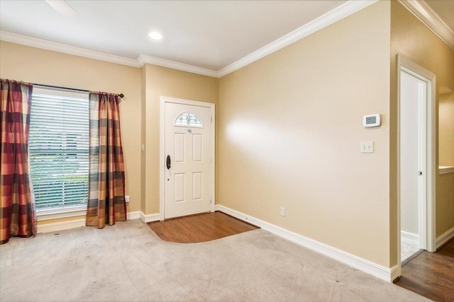 entrance foyer with baseboards, carpet flooring, and crown molding