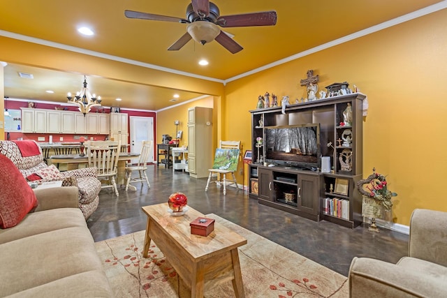 living room featuring crown molding and ceiling fan with notable chandelier