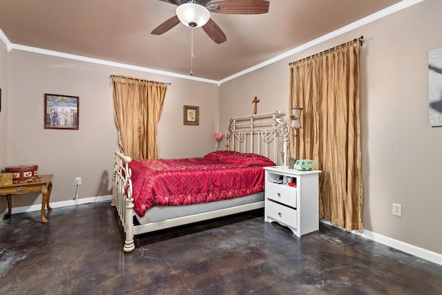 bedroom with ceiling fan and ornamental molding