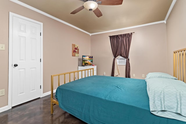 bedroom with ceiling fan, cooling unit, and ornamental molding