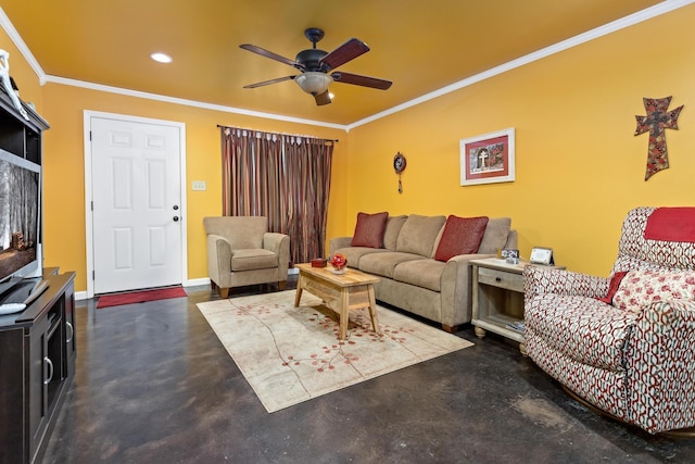 living room featuring ceiling fan and ornamental molding