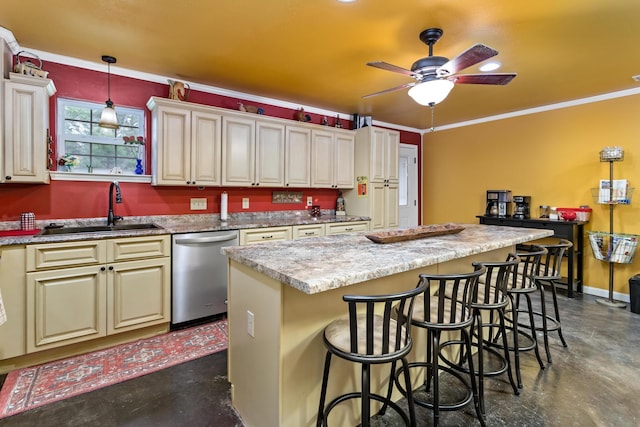 kitchen with dishwasher, a center island, sink, and hanging light fixtures