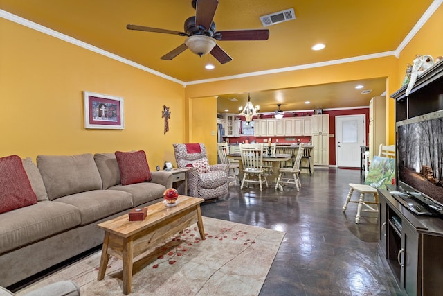 living room featuring ceiling fan with notable chandelier and crown molding