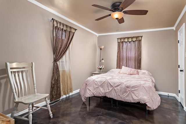 bedroom featuring ceiling fan and ornamental molding