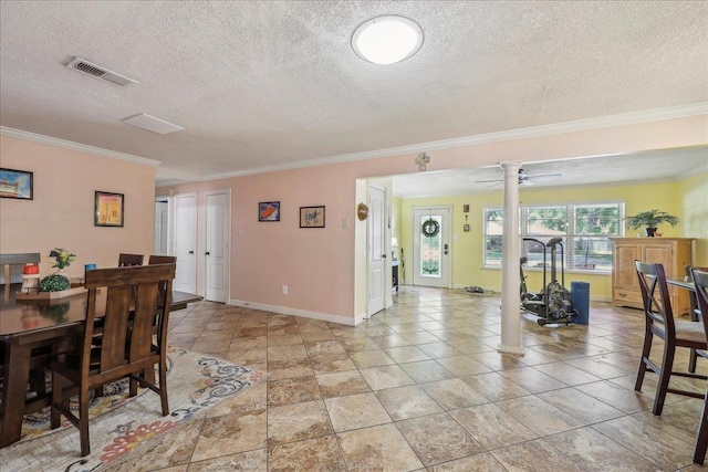 319 Dixie Dr, Bridge City, TX 77611 - dining room featuring ornamental molding, baseboards, a textured ceiling, and ceiling fan