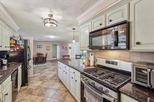 319 Dixie Dr, Bridge City, TX 77611 - kitchen with black appliances, cream cabinets, ornamental molding, tasteful backsplash, and a textured ceiling
