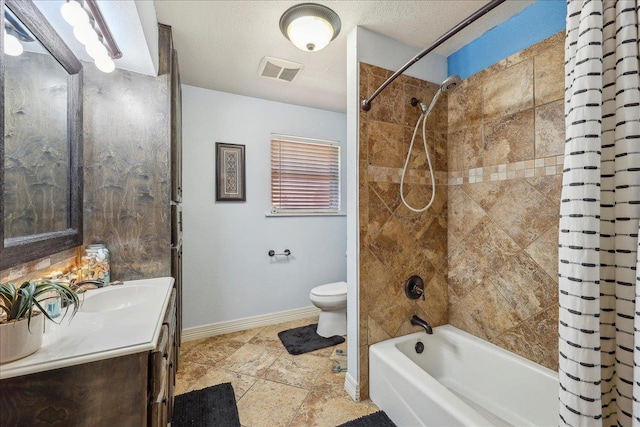 319 Dixie Dr, Bridge City, TX 77611 - bathroom with vanity, baseboards, shower / tub combo with curtain, and toilet