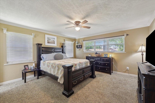 319 Dixie Dr, Bridge City, TX 77611 - bedroom featuring baseboards, carpet flooring, a textured ceiling, ornamental molding, and ceiling fan