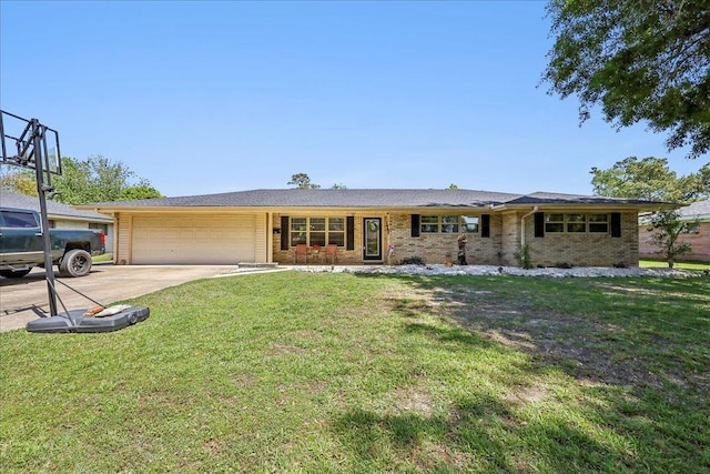319 Dixie Dr, Bridge City, TX 77611 - ranch-style home with a garage, concrete driveway, a front lawn, and brick siding
