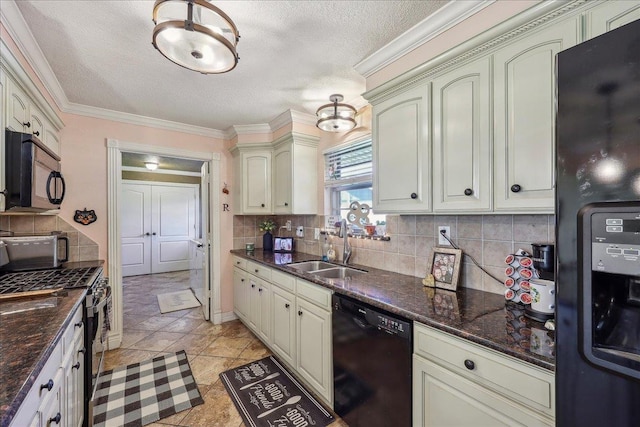 319 Dixie Dr, Bridge City, TX 77611 - kitchen with black appliances, a sink, a textured ceiling, tasteful backsplash, and crown molding