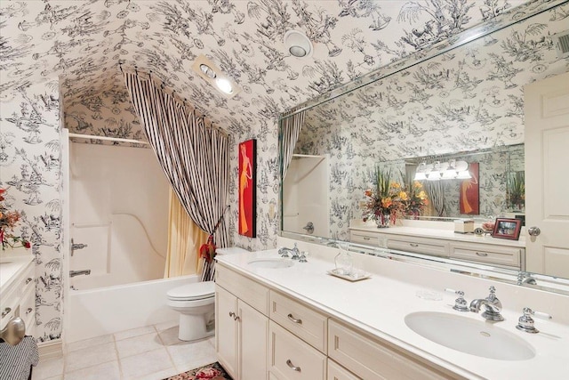 full bathroom with tile patterned floors, vanity, toilet, and shower / washtub combination