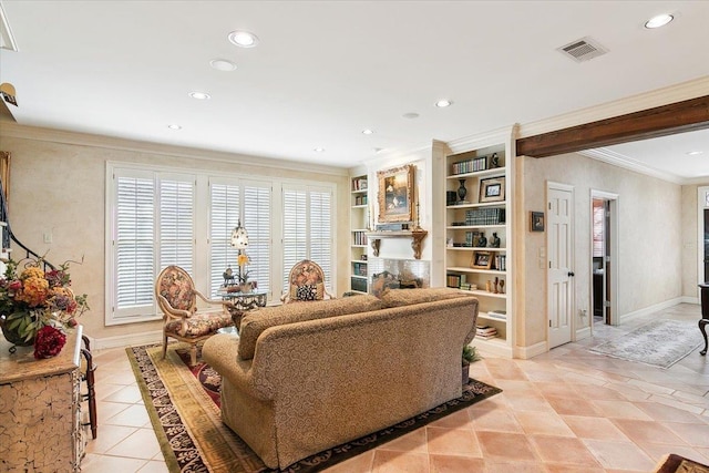 tiled living room featuring built in features and ornamental molding