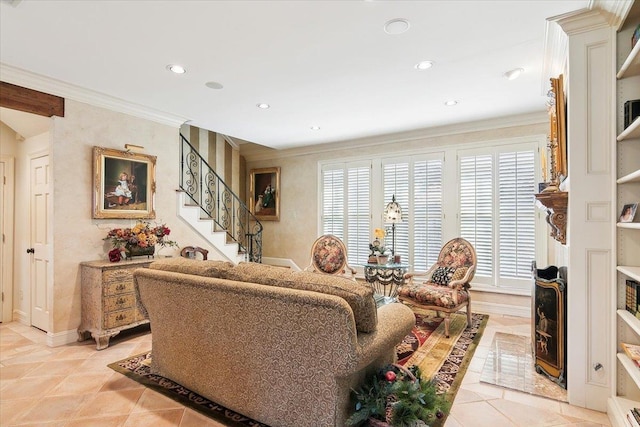 tiled living room featuring crown molding