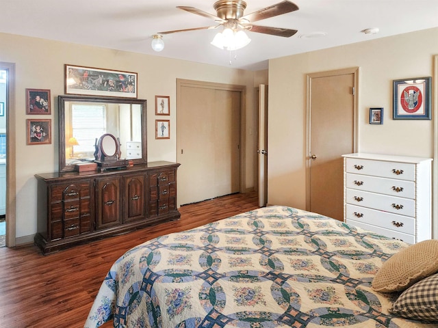 bedroom featuring a ceiling fan and wood finished floors