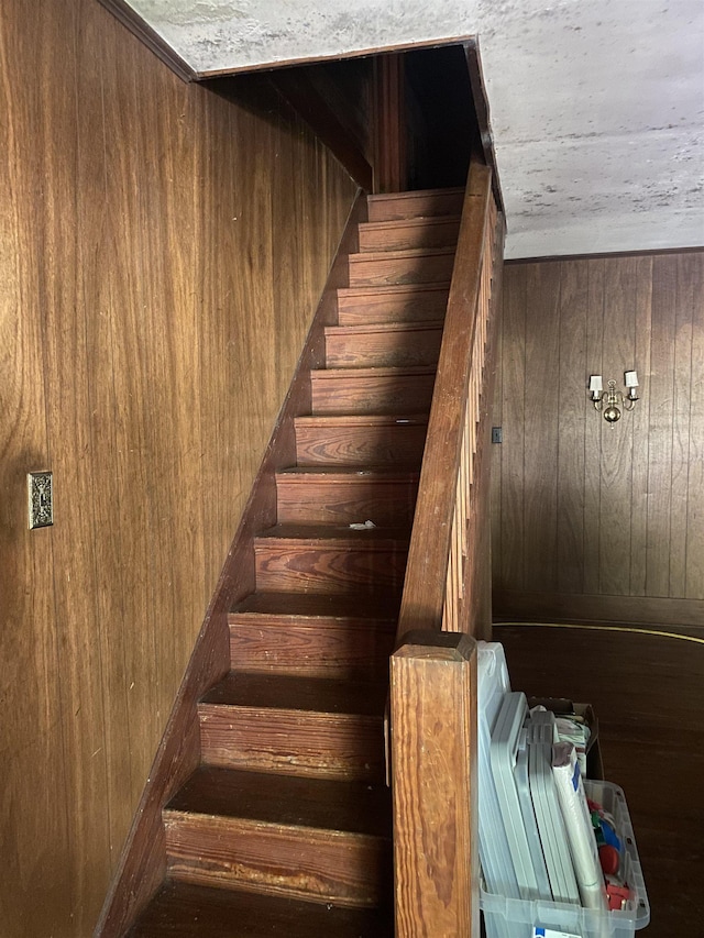 stairway with wooden walls