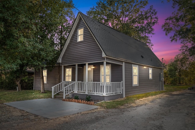 view of front facade with covered porch and roof with shingles