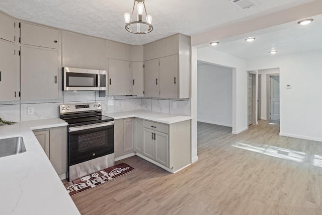 kitchen featuring a notable chandelier, light wood-type flooring, stainless steel appliances, and tasteful backsplash