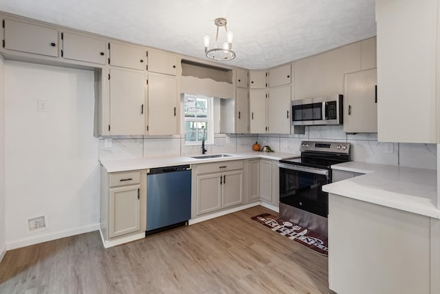 kitchen featuring appliances with stainless steel finishes, light wood-type flooring, backsplash, a textured ceiling, and sink