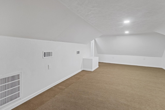 additional living space featuring carpet, a textured ceiling, and vaulted ceiling