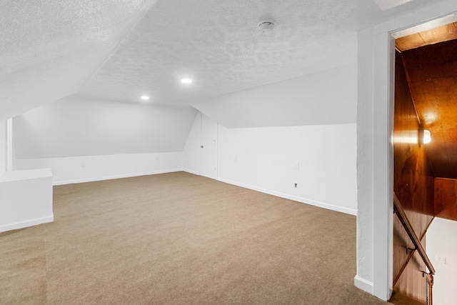 additional living space featuring carpet, a textured ceiling, and lofted ceiling