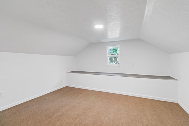 additional living space with carpet flooring, lofted ceiling, and a textured ceiling