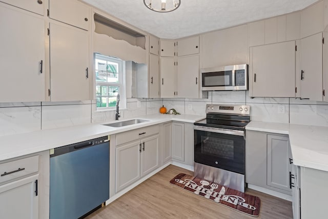 kitchen with backsplash, sink, a textured ceiling, appliances with stainless steel finishes, and light hardwood / wood-style floors