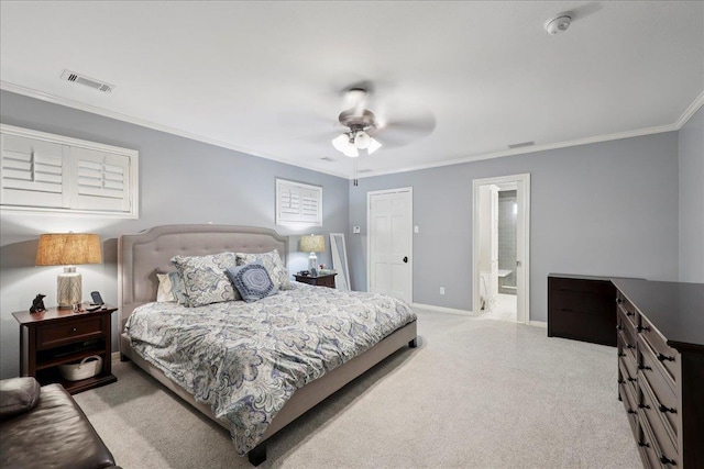 1550 Belvedere Dr, Beaumont, TX 77706 - bedroom featuring carpet, ornamental molding, a ceiling fan, baseboards, and connected bathroom
