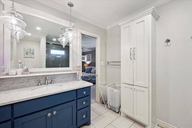 1550 Belvedere Dr, Beaumont, TX 77706 - ensuite bathroom with vanity, tile patterned floors, and crown molding