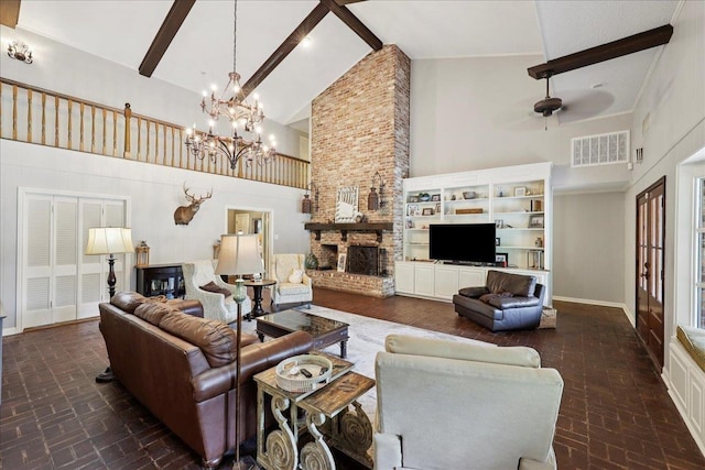1550 Belvedere Dr, Beaumont, TX 77706 - living room featuring high vaulted ceiling, brick patterned floors, beamed ceiling, a chandelier, and a large fireplace