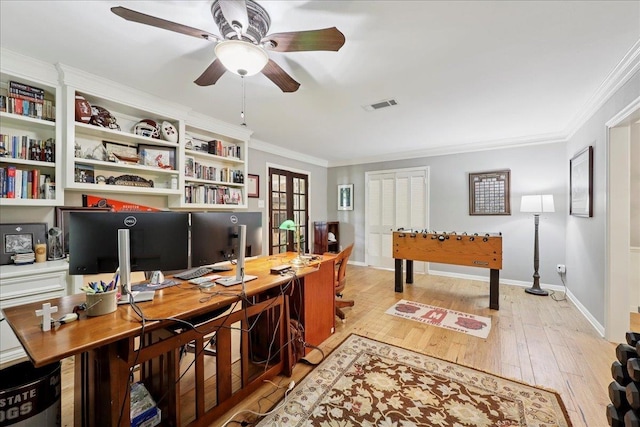 1550 Belvedere Dr, Beaumont, TX 77706 - office area with crown molding, a ceiling fan, light wood-type flooring, and baseboards