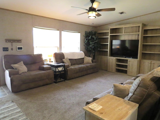 14547 Oak Leaf Loop, Splendora, TX 77372 - carpeted living room featuring ceiling fan and lofted ceiling