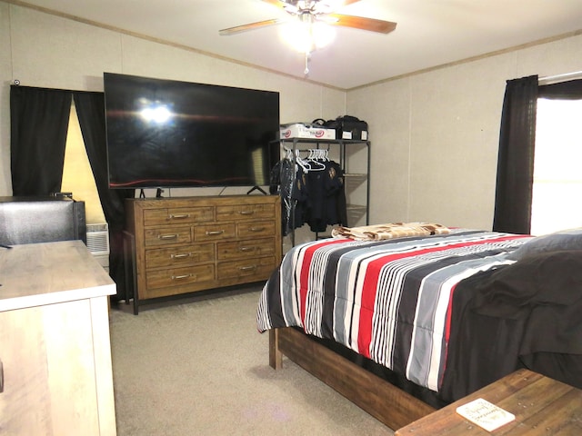 14547 Oak Leaf Loop, Splendora, TX 77372 - bedroom featuring ornamental molding, light colored carpet, vaulted ceiling, and ceiling fan