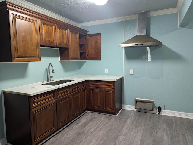 kitchen featuring sink, dark brown cabinetry, ornamental molding, wall chimney exhaust hood, and light wood-type flooring