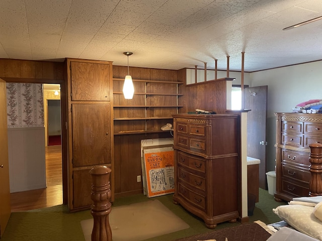 interior space with wood finished floors, a wainscoted wall, and wood walls