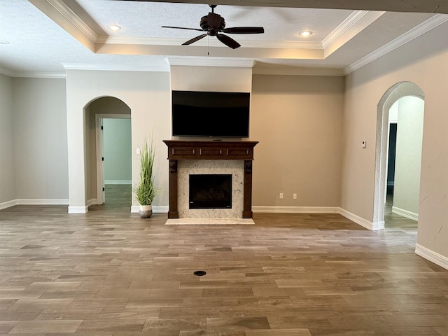 3865 E Pointe Dr, Beaumont, TX 77706 - unfurnished living room featuring arched walkways, a raised ceiling, wood finished floors, a high end fireplace, and crown molding