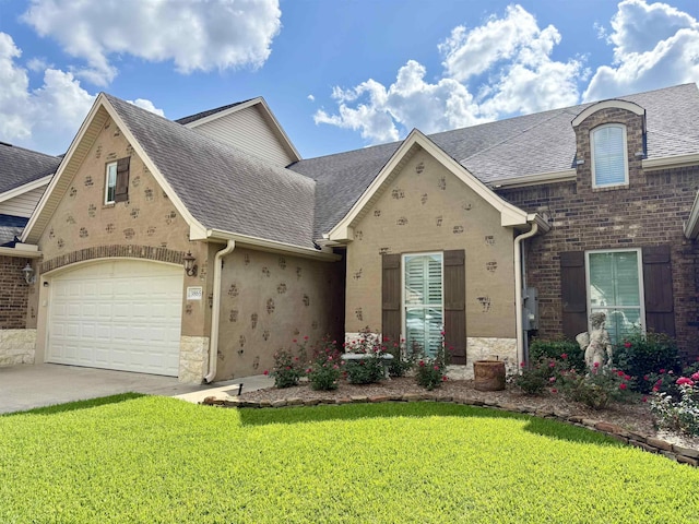 3865 E Pointe Dr, Beaumont, TX 77706 - view of front of property featuring a front yard, roof with shingles, concrete driveway, a garage, and stucco siding