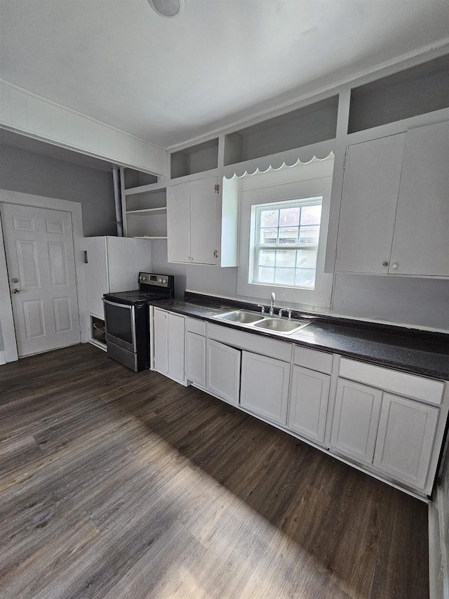 kitchen featuring white cabinets, stainless steel electric stove, dark wood-type flooring, and sink