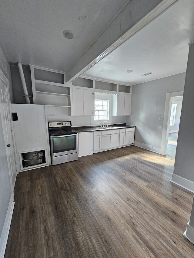 kitchen with sink, wood-type flooring, electric stove, and white cabinetry