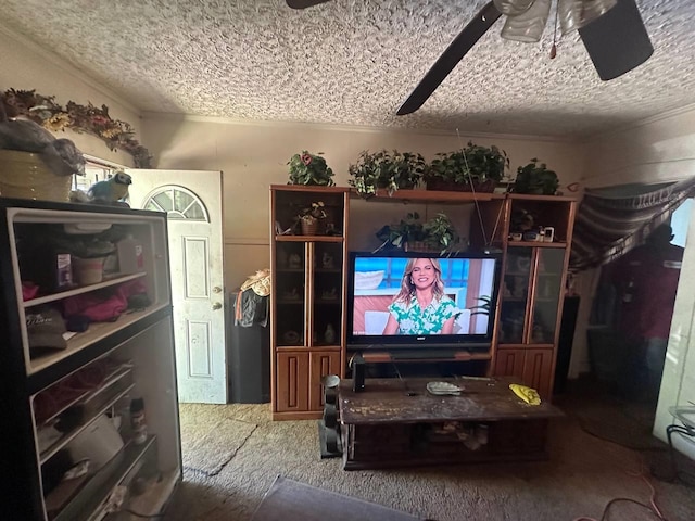 living room featuring ceiling fan and a textured ceiling