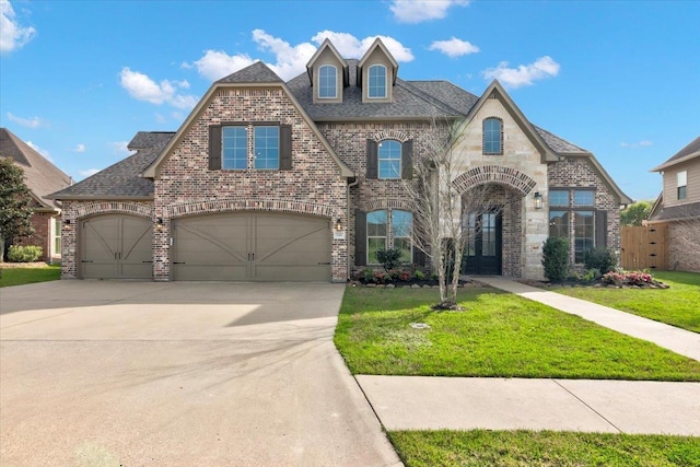 view of front of property with a front yard and a garage