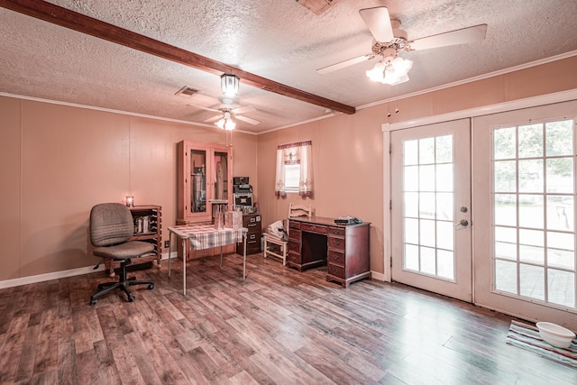 home office with crown molding, hardwood / wood-style flooring, ceiling fan, a textured ceiling, and french doors