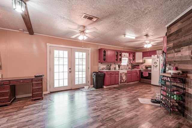 kitchen featuring stainless steel range with electric stovetop, dishwashing machine, wood-type flooring, and french doors